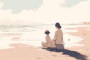 Mother's Day illustration with a minimalist style that showcases a mother and child enjoying a peaceful day at the beach. Soft, muted tones. photo