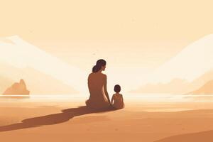 Mother's Day illustration with a minimalist style that showcases a mother and child enjoying a peaceful day at the beach. Soft, muted tones. photo