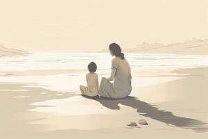 Mother's Day illustration with a minimalist style that showcases a mother and child enjoying a peaceful day at the beach. Soft, muted tones. photo