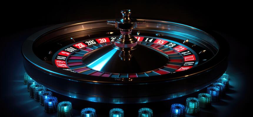 Roulette wheel with blue background and lights, casino photo. Generative AI  23293241 Stock Photo at Vecteezy