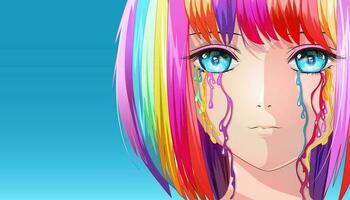 dulce niña con color arcoiris pelo y azul ojos desde cuales color arcoiris lágrimas fluir. vector