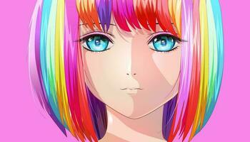 dulce niña con arco iris pelo y azul ojos. vector