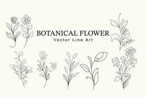 Trendy floral branch and minimalist flowers for logo or decorations. Hand drawn line wedding herb, elegant leaves for invitation save the date card. vector