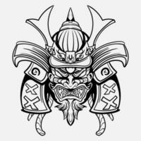 oni monstruo máscara japones casco Ejército samurai en marco grabado ornamento ilustración negro y blanco tatuaje y camiseta vestir vector