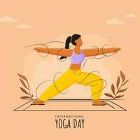 internacional yoga día póster diseño con sin rostro joven niña practicando virabhadrasana actitud en melocotón antecedentes. vector
