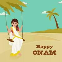 Happy Onam Celebration Poster Design With South Indian Young Lady Swinging On Pearl Aqua And Light Brown Background. vector