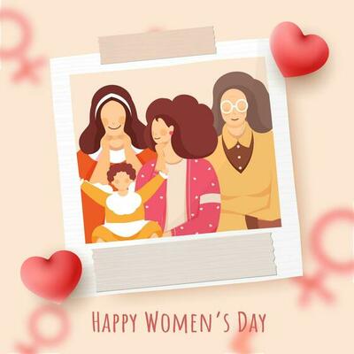 Four Generation Of Female Photography With Glossy Hearts And Blurred Female Gender Sign On Peach Background For Happy Women's Day.