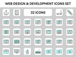 Grey And Turquoise Web Development Icon Set On White Square Background. vector