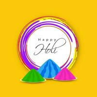 Happy Holi Font Over Circular Brush Stroke And Plates Full Of Dry Color On Chrome Yellow Background. vector