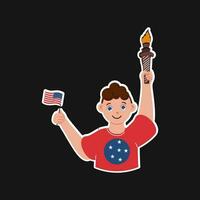 Sticker Vector Of Smiley Boy Holding Flag And Flaming Torch On Black Background.