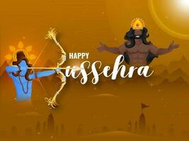 Happy Dussehra Lettering With Lord Rama Taking An Aim Against Demon King Ravana And Lights Effect On Copper Silhouette Ayodhya View Background. vector