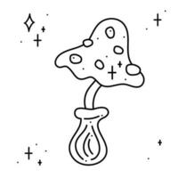 Magical fly agaric mushrooms surrounded by stars. Doodle vector illustration, clipart.