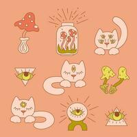 Surrealistic set with magical cats, mushrooms and magic ball. Doodle vector illustration.