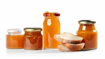 Apricot jam with sliced bread Jars on white background with photo