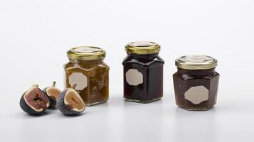 Fig jam with dried figs Jars on white background with photo