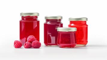 Raspberry jam and juicy raspberries fruit Jars on white background with photo