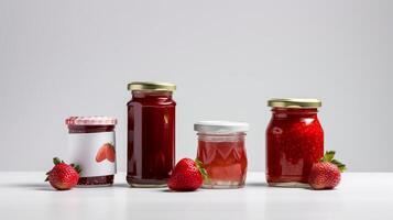 Strawberry jam with strawberry fruit on white background with photo