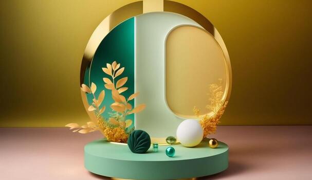 podium round shape with gold leaf background Mockup for product placement with photo