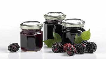 Blackberry jam and ripe blackberries fruit Jars on white background with photo