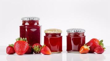 Strawberry jam with strawberry fruit on white background with photo