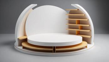 low podium wood with backdrop made of white concrete wall background Mockup for product placement with photo