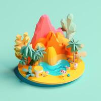 Summer island in isometric view in trending color palette for advertising with photo