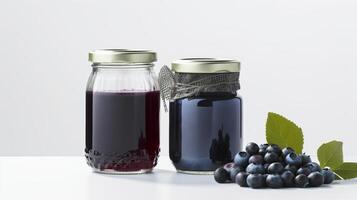 Blueberry jam and plump blueberries fruit Jars on white background with photo