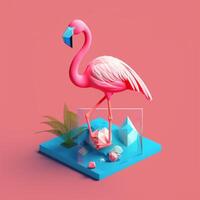 Flamingo with geometric objects in summer concept in trending color palette for advertising with photo