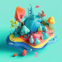 Summer island in isometric view in trending color palette for advertising with photo