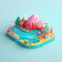 An island in the sea in an isometric view in trending color palette for advertising with photo