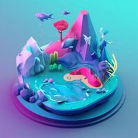 An island in the sea in an isometric view in trending color palette for advertising with photo