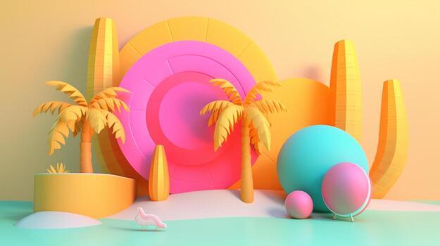 Geometric objects in summer concept in trending color palette for advertising with photo