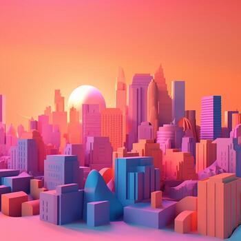 City with sunset in isometric view in trending color palette for advertising with photo