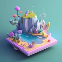 An island in the sea in an isometric view in trending color palette for advertising with photo
