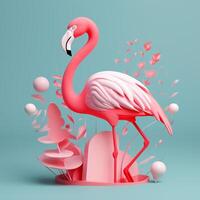 Flamingo with geometric objects in summer concept in trending color palette for advertising with photo