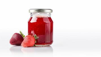 Strawberry jam with strawberry fruit on white background with photo