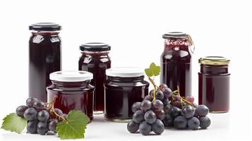 Grape jam with juicy Grape Jars on white background with photo