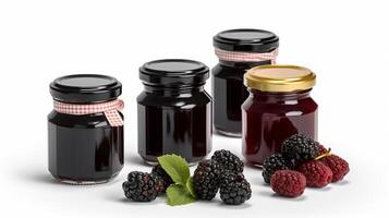 Blackberry jam and ripe blackberries fruit Jars on white background with photo