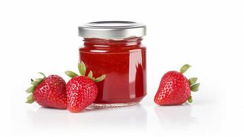 Strawberry jam with strawberry fruit on white background with photo