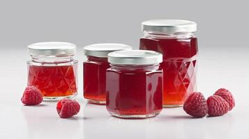 Raspberry jam and juicy raspberries fruit Jars on white background with photo