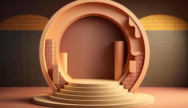 podium round shape with red brick arches background Mockup for product placement with photo