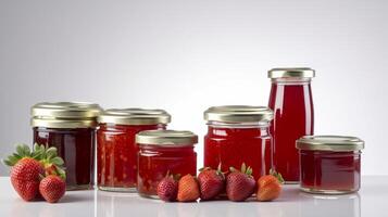 Strawberry jam with strawberry fruit on white background with photo