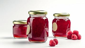 Raspberry jam and juicy raspberries fruit Jars on white background with photo