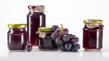 uva mermelada con jugoso uva frascos en blanco antecedentes con generativo ai foto