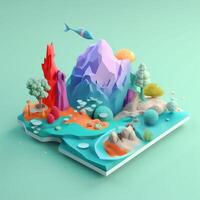 An island in the sea in an isometric view in trending color palette for advertising with photo