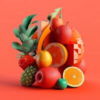 Various fruits with geometric objects in summer concept in trending color palette for advertising with photo