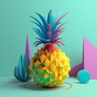 Pineapple with geometric objects in summer concept in trending color palette for advertising with photo