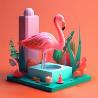 Flamingo with geometric objects in summer concept in trending color palette for advertising with photo