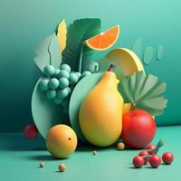 Various fruits with geometric objects in summer concept in trending color palette for advertising with photo