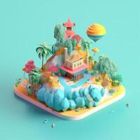 Summer island in isometric view in trending color palette for advertising with photo